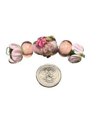 Handcrafted Lampwork Floral Glass Beads Set - Pink & Green